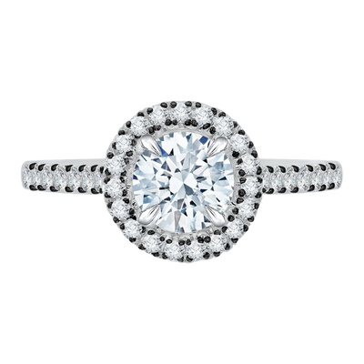 Black Rhodium Tips Round Diamond Halo Engagement Ring in 14K White Gold (Semi-Mount)