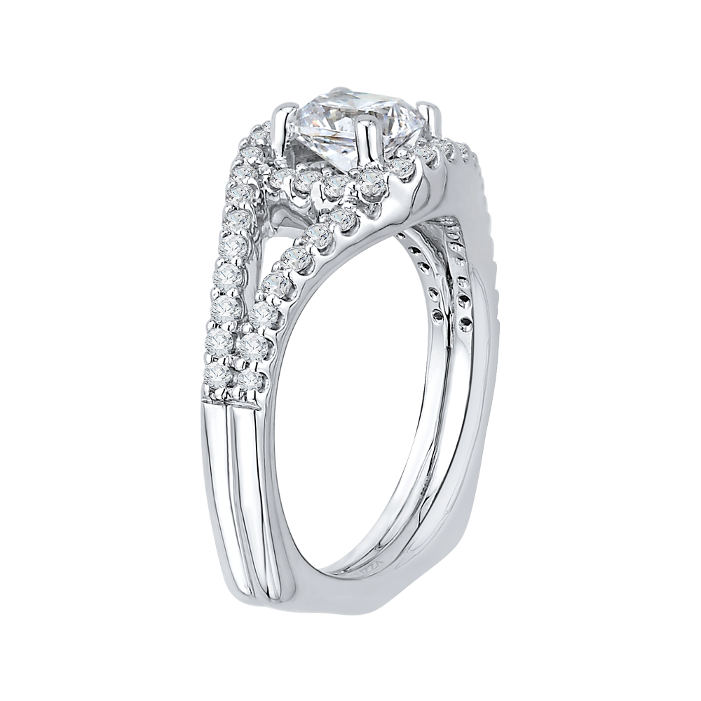 Split Shank Cushion Cut Diamond Halo Engagement Ring in 14K White Gold (Semi-Mount)
