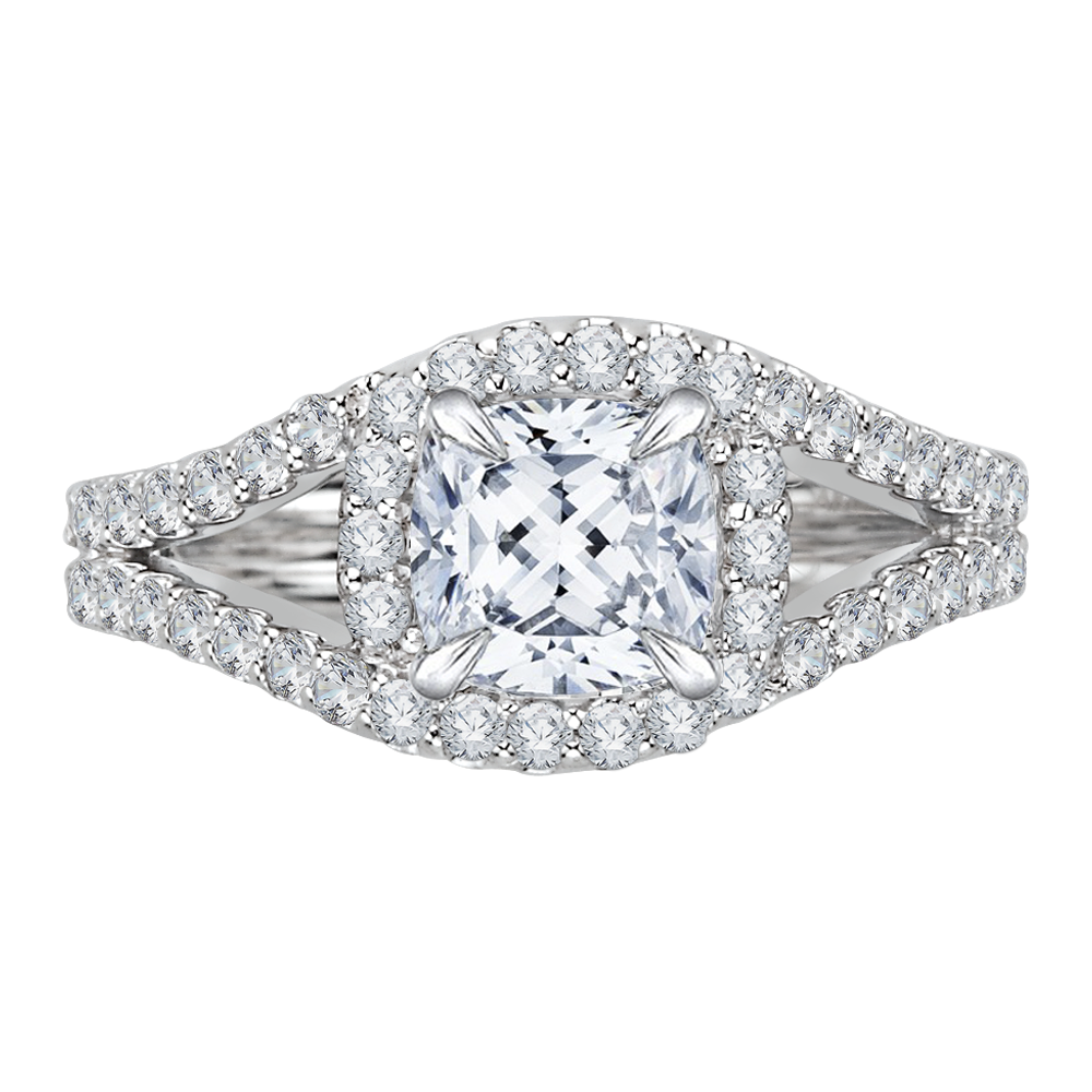 Split Shank Cushion Cut Diamond Halo Engagement Ring in 14K White Gold (Semi-Mount)