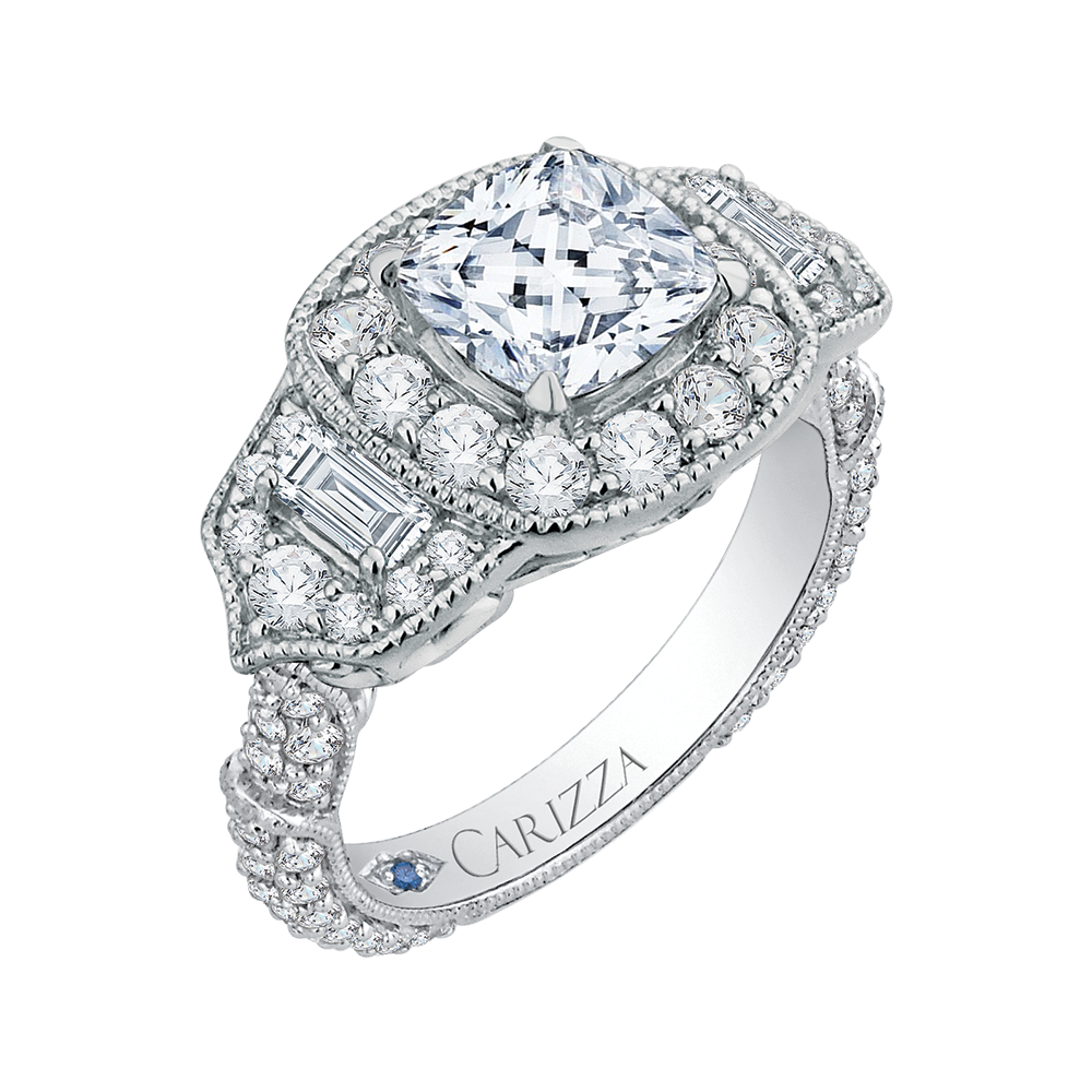 Cushion Cut Diamond Halo Engagement Ring in 14K White Gold (Semi-Mount)