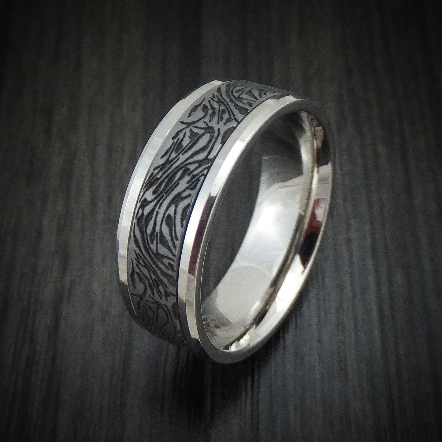14K White Gold and Marble Design Tantalum Men's Ring