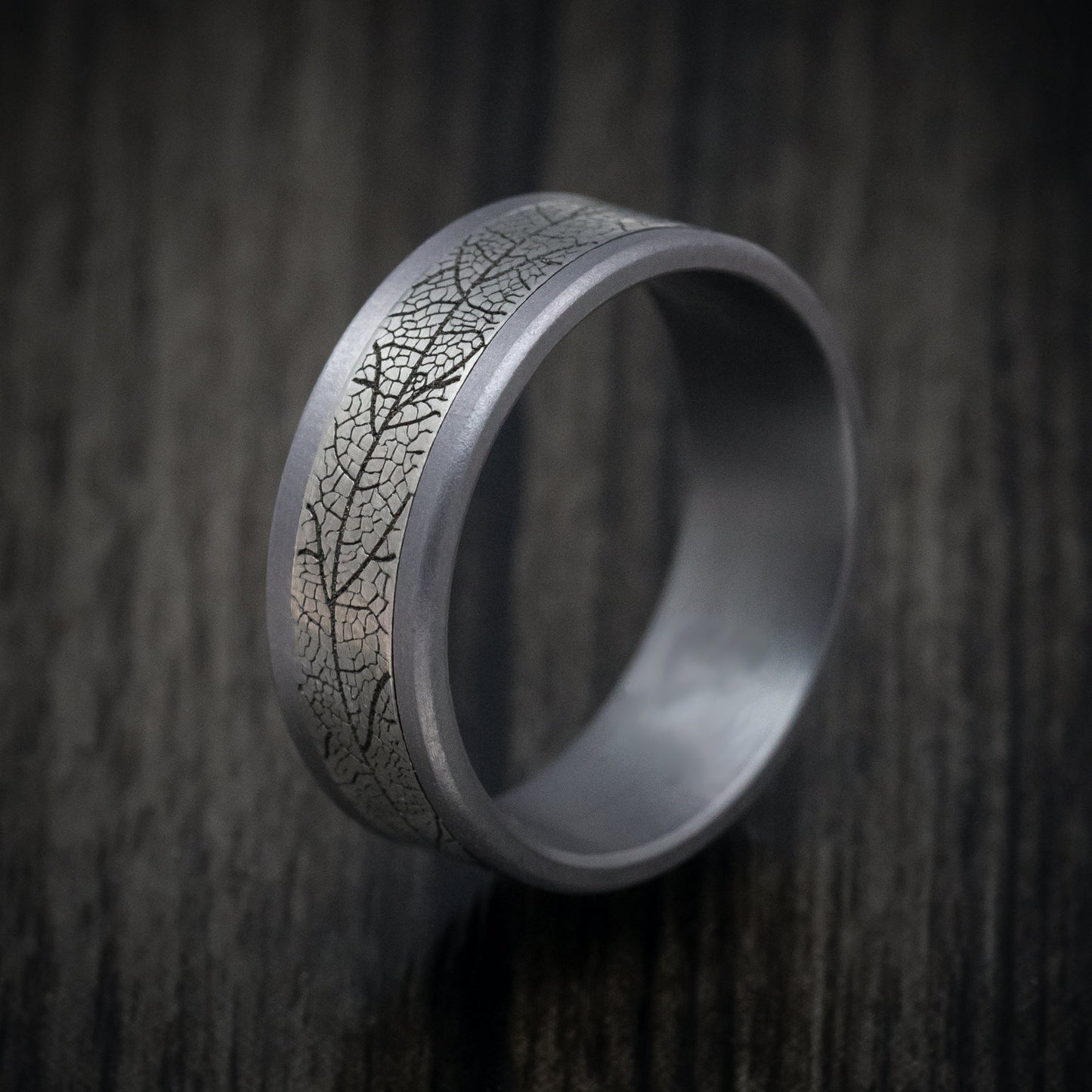 Tantalum and Black Titanium Leaf Pattern Mens Ring