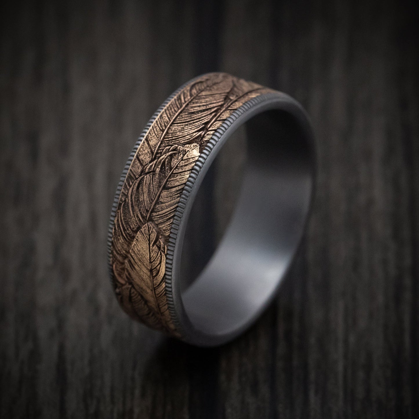 Tantalum and 14K Gold Feather Pattern Ring