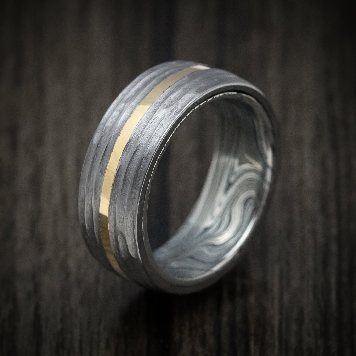 Tantalum and 14K Gold Men's Ring with Marble Kuro Damascus Steel Sleeve Custom Band