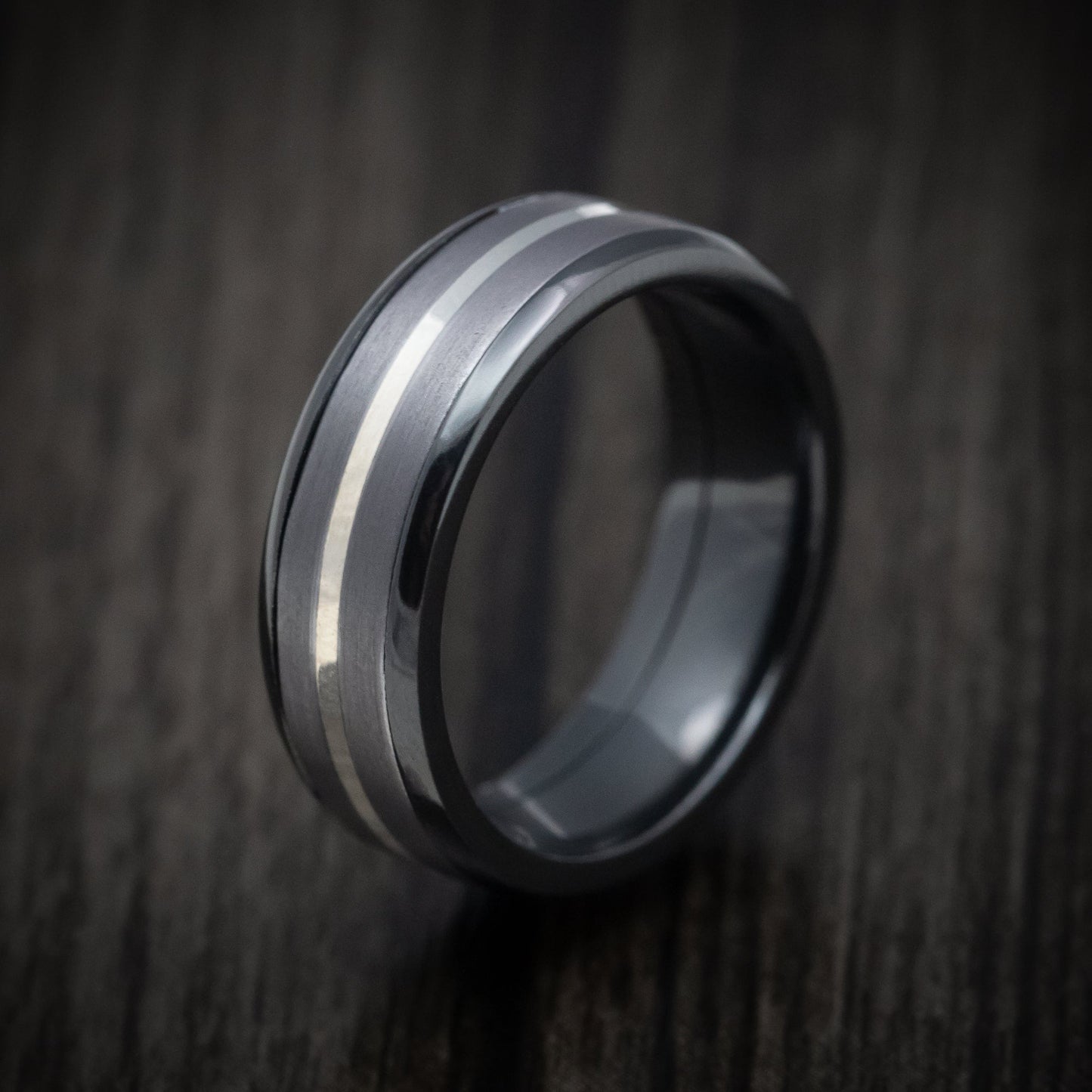 Black Zirconium Men's Ring with Tantalum and Silver Inlays Custom Made Band