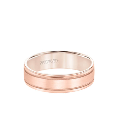 6MM Men's Wedding Band Gold Brush Milgrain Finish with Milgrain Accents and Flat Edge