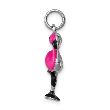 Sterling Silver Rhodium-platedEnamel Flamingo Charm