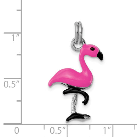 Sterling Silver Rhodium-platedEnamel Flamingo Charm