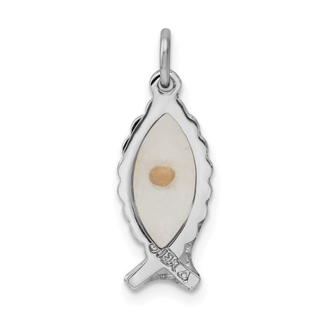 Sterling Silver Rhodium-plated Epoxy Ichthus w/Mustard Seed Pendant