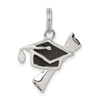 Sterling Silver Black Enameled Graduation Cap & Diploma Charm