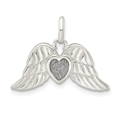 Sterling Silver Polished Enamel Glitter Fabric Heart w/Wings Pendant