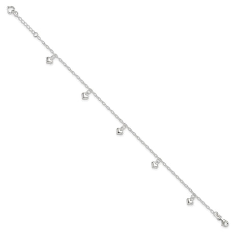 Sterling Silver Polished Puffed Heart 9in Plus1in Ext Anklet