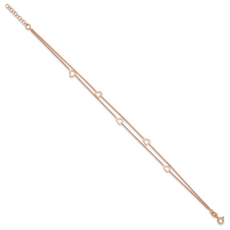 Sterling Silver Rose-tone Polished Heart 9in Plus 1in Anklet