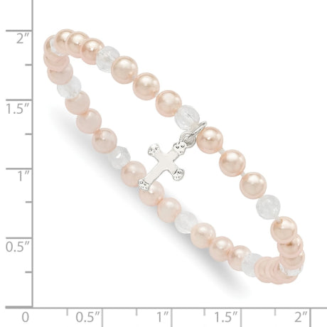 Sterling Silver 6 inch Cross Pink Shell Bead & Crystal Stretch Bracelet