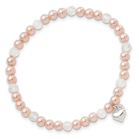 Sterling Silver Heart Pink Shell Bead & Crystal 6 inch Stretch Bracelet