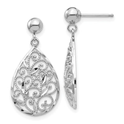 14k White Gold Polished Filigree Teardrop Post Dangle Earrings