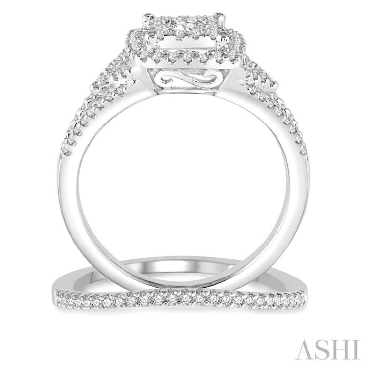 3/4 Ctw Round Cut Diamond Lovebright Bridal Set with 5/8 Ctw Engagement Ring and 1/10 Ctw Wedding Band in 14K White Gold