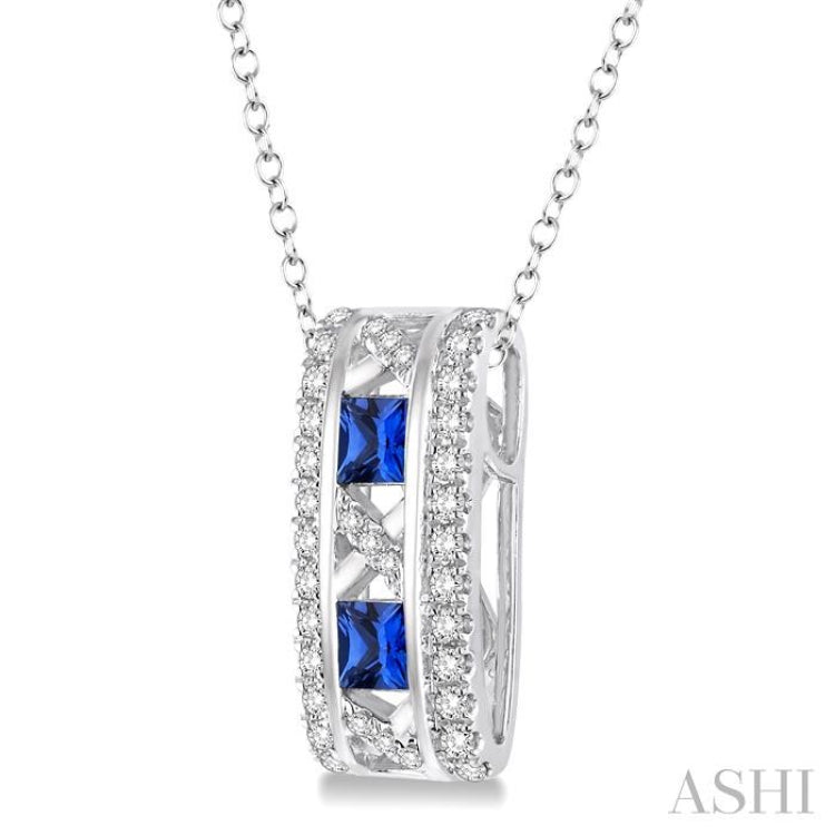3x3 MM Princess Cut Sapphire and 1/5 Ctw Round Cut Diamond Pendant in 14K White Gold with Chain