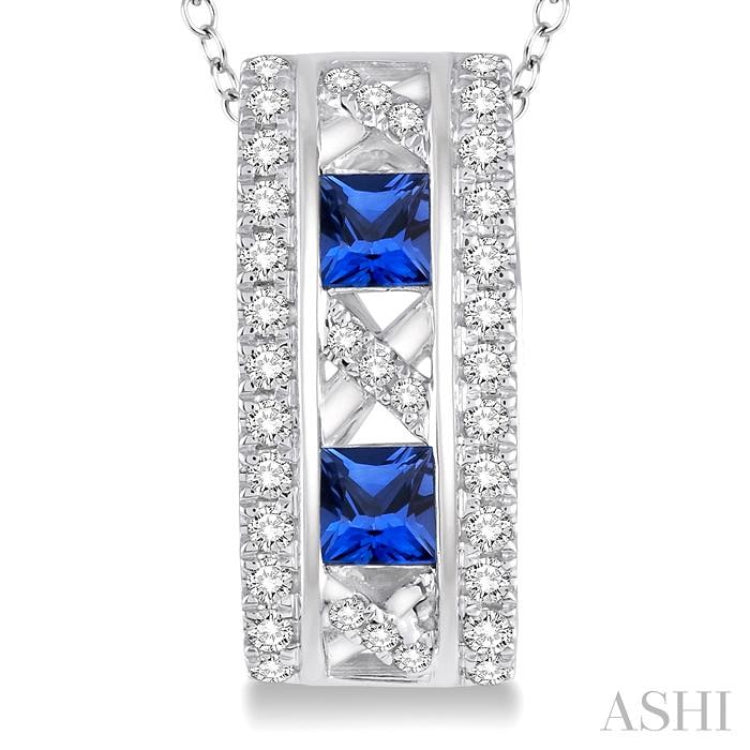 3x3 MM Princess Cut Sapphire and 1/5 Ctw Round Cut Diamond Pendant in 14K White Gold with Chain