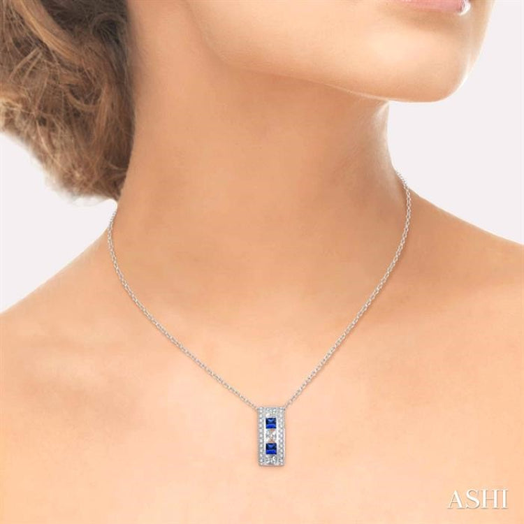 3x3 MM Princess Cut Sapphire and 1/5 Ctw Round Cut Diamond Pendant in 14K White Gold with Chain
