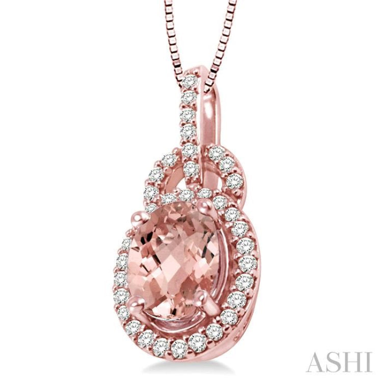 8x6 MM Oval Cut Morganite and 1/4 Ctw Round Cut Diamond Pendant in 14K Rose Gold with Chain
