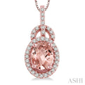 8x6 MM Oval Cut Morganite and 1/4 Ctw Round Cut Diamond Pendant in 14K Rose Gold with Chain