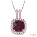 7x7  MM Cushion Cut Rhodolite Garnet and 1/5 Ctw Round Cut Diamond Pendant in 14K Rose Gold with Chain