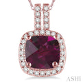 7x7  MM Cushion Cut Rhodolite Garnet and 1/5 Ctw Round Cut Diamond Pendant in 14K Rose Gold with Chain