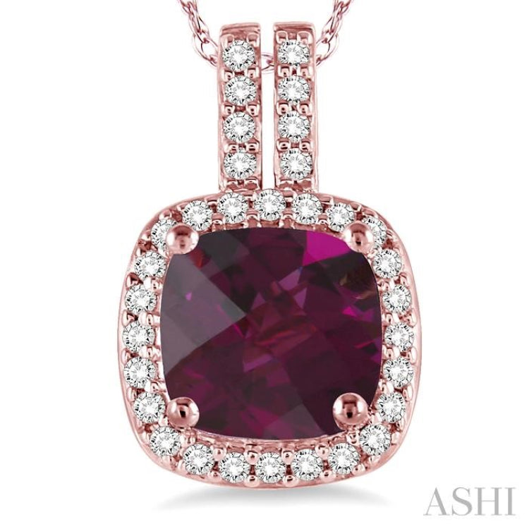 7x7  MM Cushion Cut Rhodolite Garnet and 1/5 Ctw Round Cut Diamond Pendant in 14K Rose Gold with Chain