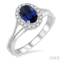 7x5 MM Oval Shape Sapphire and 1/6 Ctw Round Cut Diamond Ring in 14K White Gold