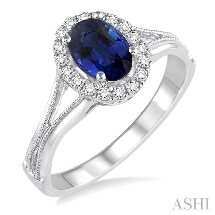 7x5 MM Oval Shape Sapphire and 1/6 Ctw Round Cut Diamond Ring in 14K White Gold