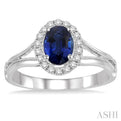 7x5 MM Oval Shape Sapphire and 1/6 Ctw Round Cut Diamond Ring in 14K White Gold