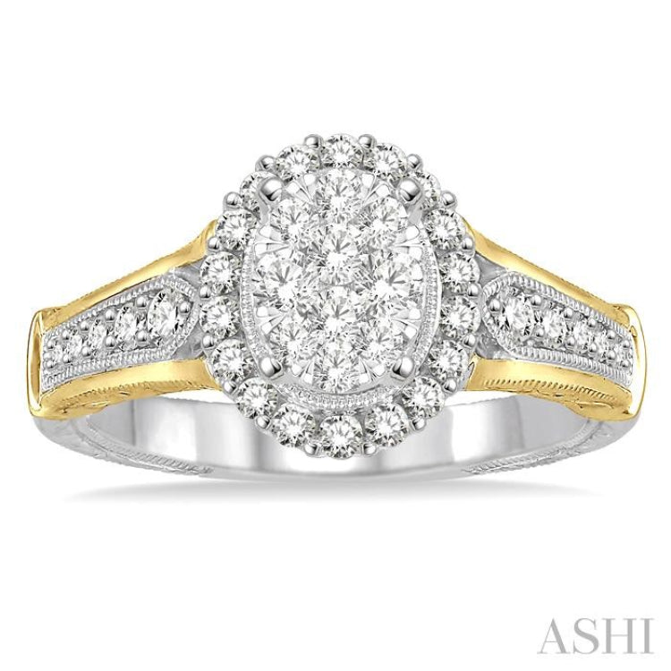 5/8 Ctw Round Cut Diamond Oval shape Lovebright Ring in 14K White and Yellow Gold