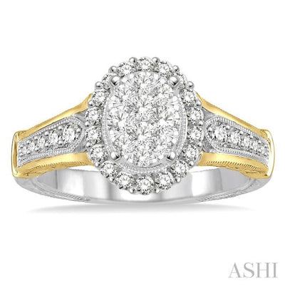 5/8 Ctw Round Cut Diamond Oval shape Lovebright Ring in 14K White and Yellow Gold