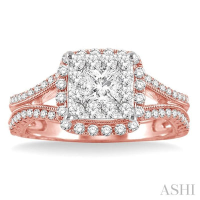 3/4 Ctw Princess Cut Diamond Lovebright Engagement Ring in 14K Rose and White Gold