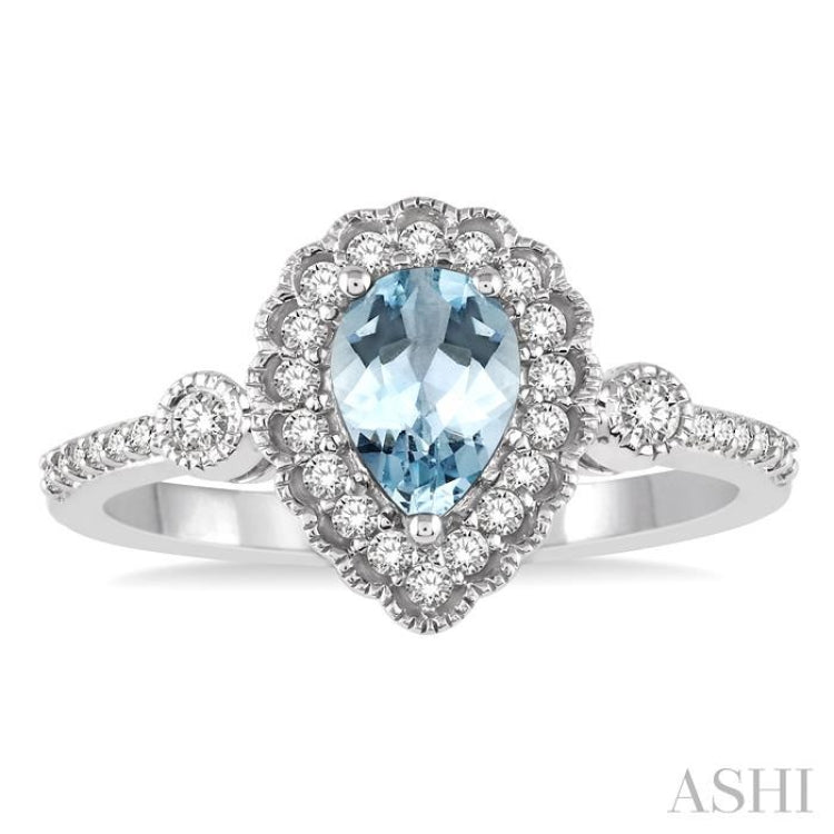 7X5MM Pear shape Aquamarine Center and 1/4 Ctw Round Cut Diamond Precious Stone Ring in 14K White Gold
