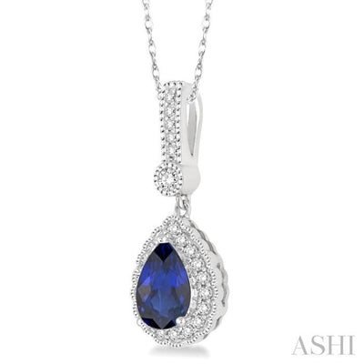 7x5 MM Pear Shape Sapphire and 1/5 Ctw Round Cut Diamond Pendant in 14K White Gold with Chain
