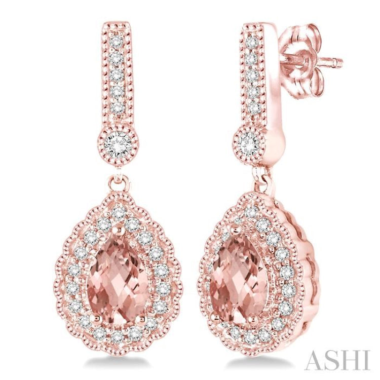 6x4 MM Pear Shape Morganite and 1/4 Ctw Round Cut Diamond Earrings in 14K Rose Gold