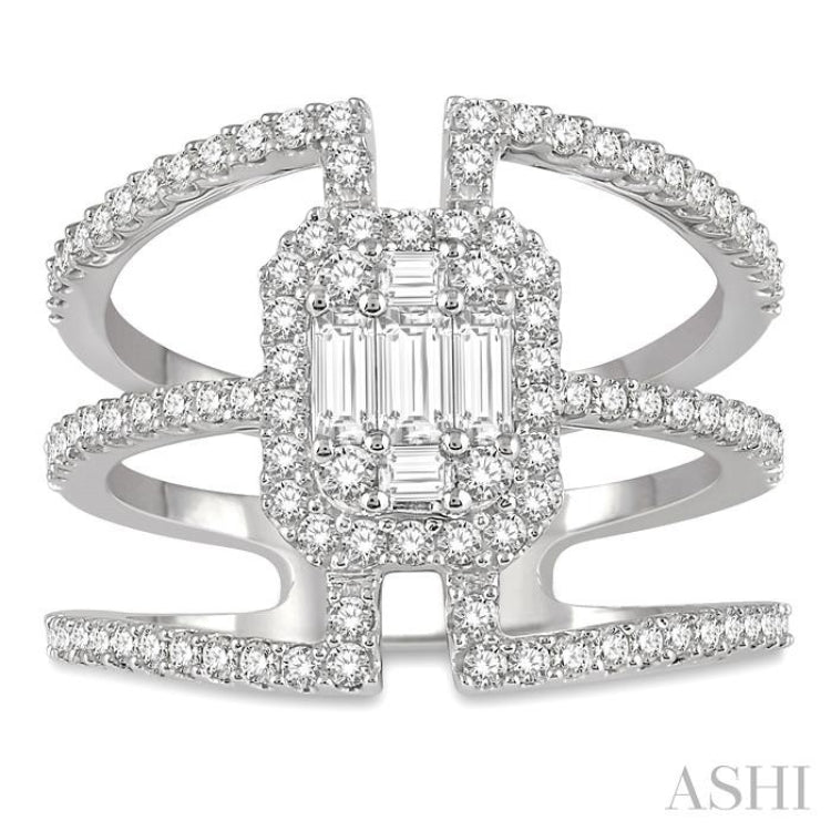 1 1/10 ctw Triple Ring Baguette & Round Cut Diamond Ring in 14K White Gold