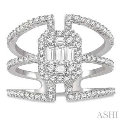 1 1/10 ctw Triple Ring Baguette & Round Cut Diamond Ring in 14K White Gold