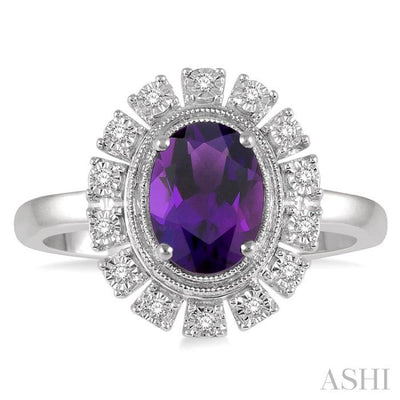 1/10 Ctw Lattice Oval Shape 8x6mm Amethyst & Round Cut Diamond Semi Precious Ring in 10K White Gold