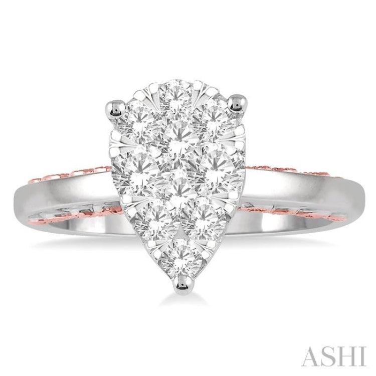 3/4 Ctw Pear Shape Lovebright Round Cut Diamond Ring in 14K White and Rose Gold