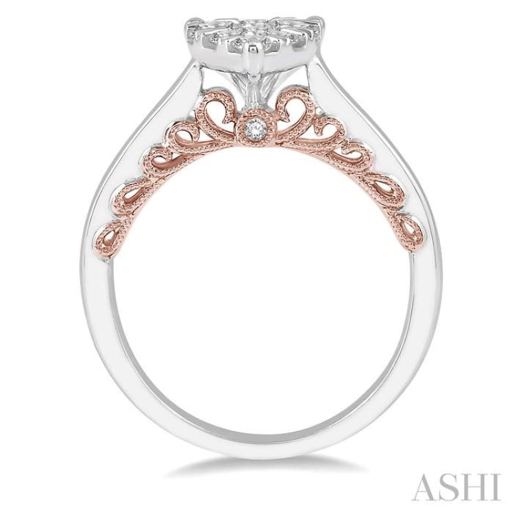 3/4 Ctw Pear Shape Lovebright Round Cut Diamond Ring in 14K White and Rose Gold