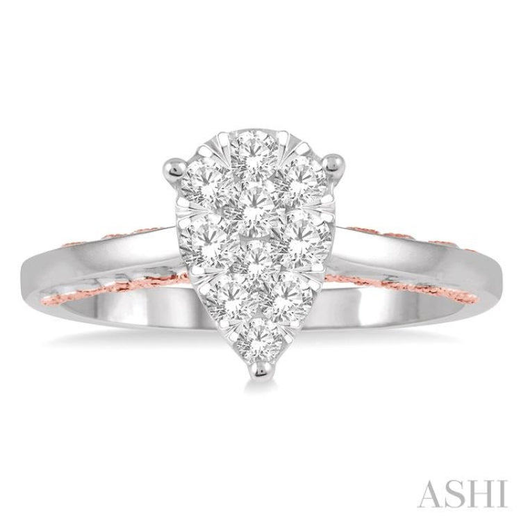 1/2 Ctw Pear Shape Lovebright Round Cut Diamond Ring in 14K White and Rose Gold