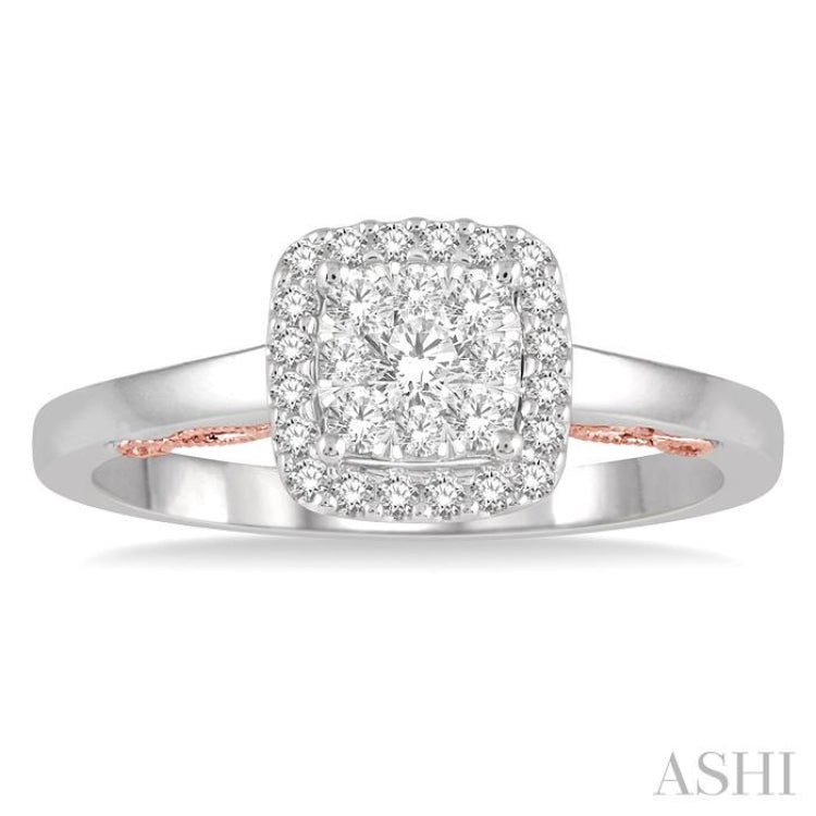 1/3 Ctw Cushion Shape Lovebright Round Cut Diamond Ring in 14K White and Rose Gold