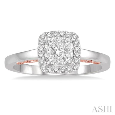 1/3 Ctw Cushion Shape Lovebright Round Cut Diamond Ring in 14K White and Rose Gold