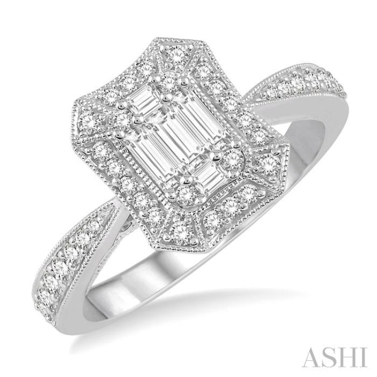 5/8 Ctw Curvy Octagonal Round Cut and Baguette Diamond Ring in 14K White Gold