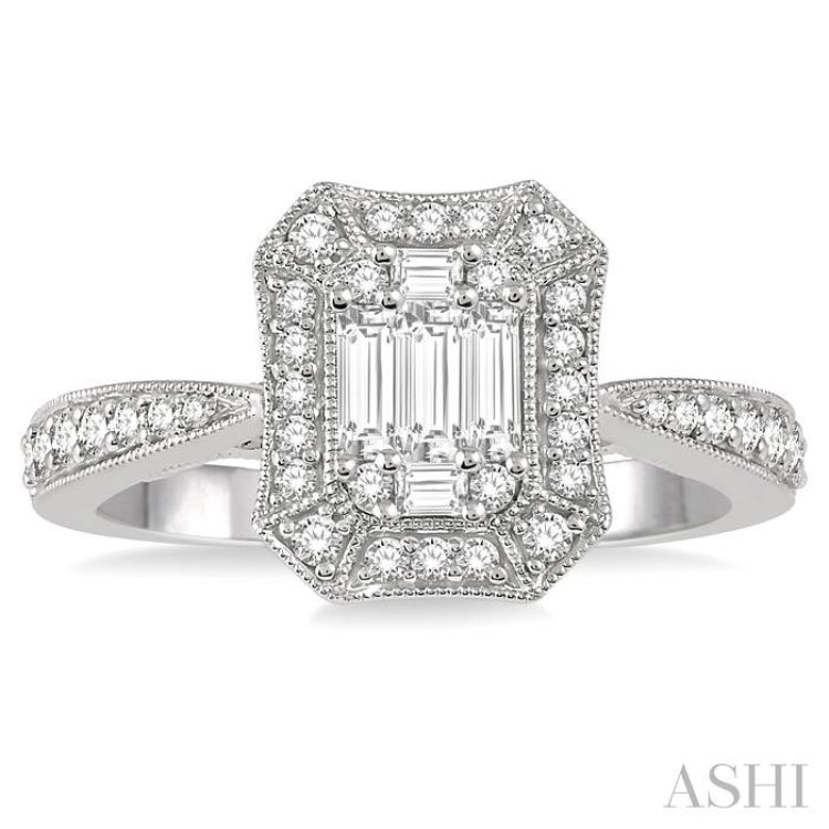 5/8 Ctw Curvy Octagonal Round Cut and Baguette Diamond Ring in 14K White Gold