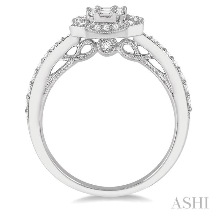 5/8 Ctw Curvy Octagonal Round Cut and Baguette Diamond Ring in 14K White Gold