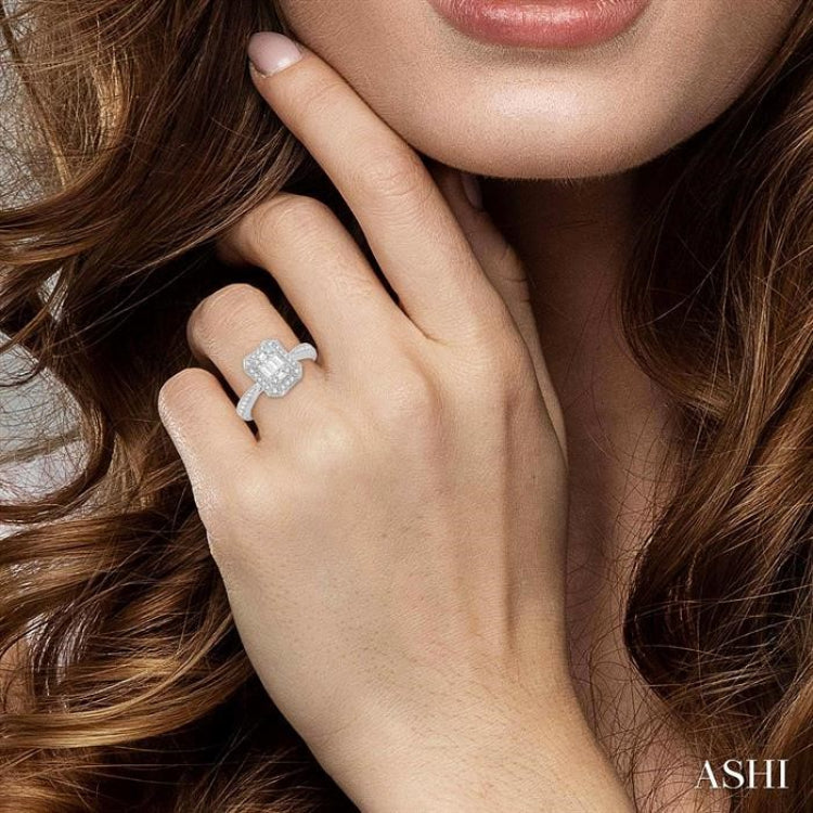 5/8 Ctw Curvy Octagonal Round Cut and Baguette Diamond Ring in 14K White Gold